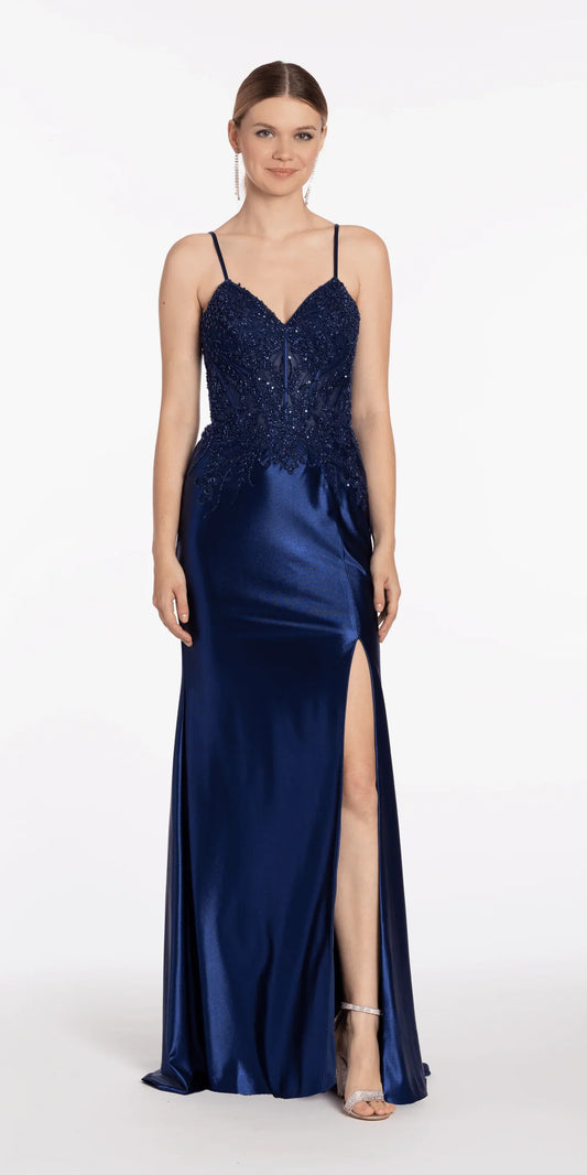 Glamorous Mermaid Spaghetti Strap Sequin-Appliqué Lace-Up Back High Slit Evening Dresses