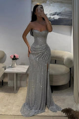 Glamorous Mermaid Sweetheart Strapless Sequin-Covered Slit Train-Length Evening Dress by YiHuiw