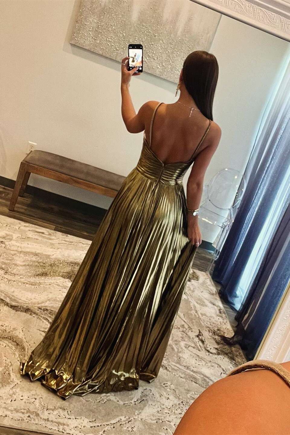 Glamorous Metallic Halter Cutout Ruched Prom Dress with Pleated A-Line Skirt & High Slit by JiMiss Dresses