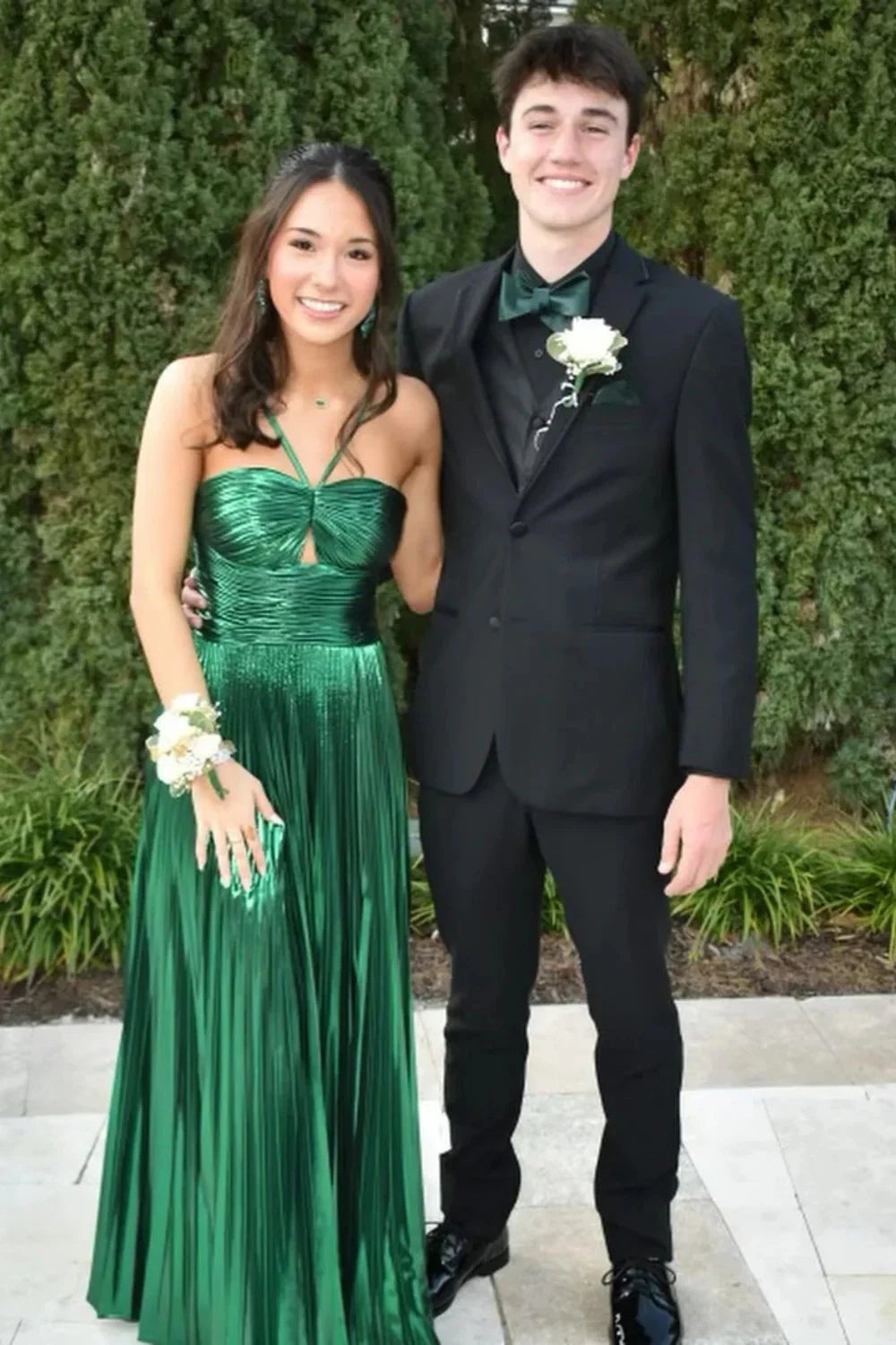 Glamorous Metallic Halter Cutout Ruched Prom Dress with Pleated A-Line Skirt & High Slit by JiMiss Dresses