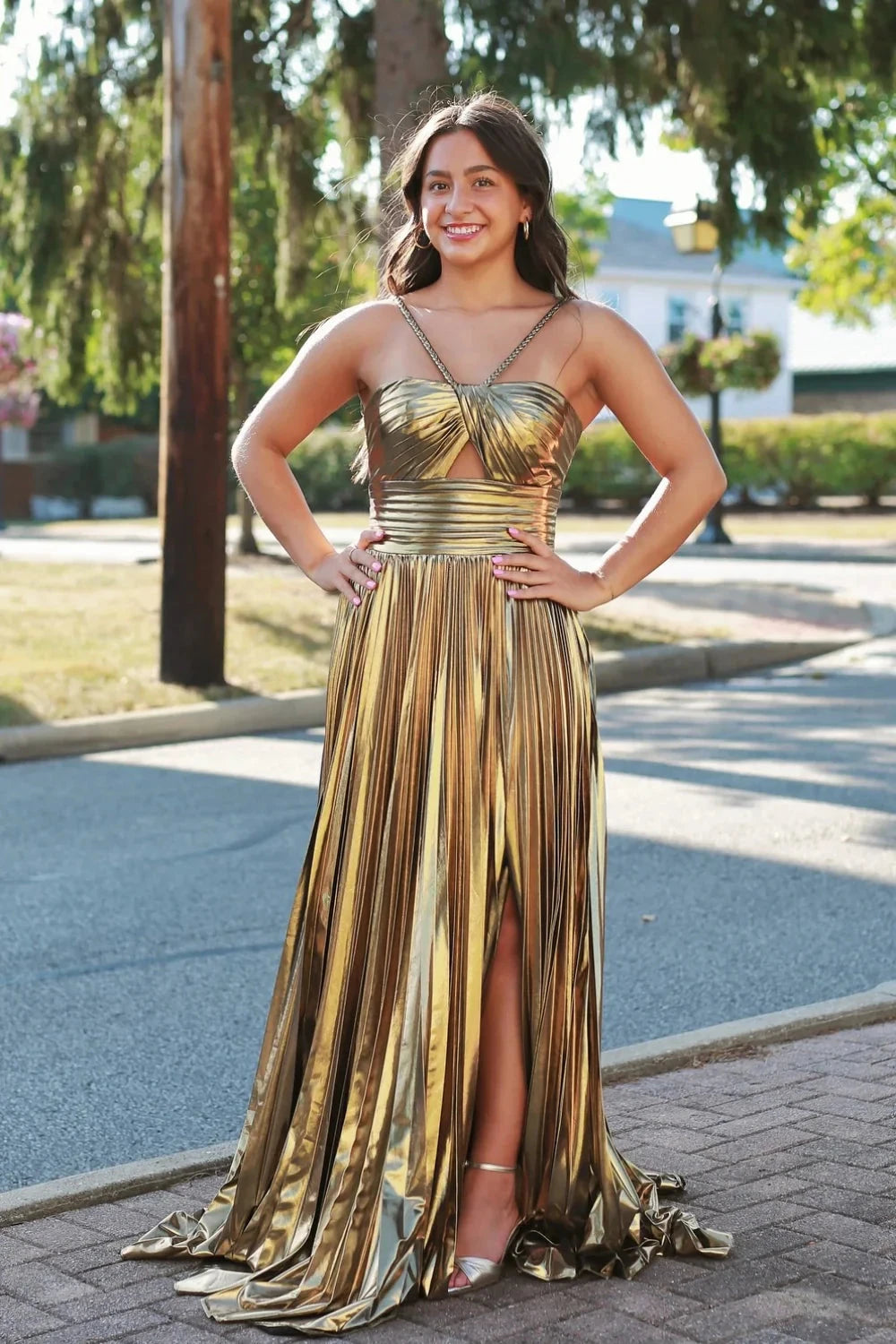 Glamorous Metallic Halter Cutout Ruched Prom Dress with Pleated A-Line Skirt & High Slit by JiMiss Dresses
