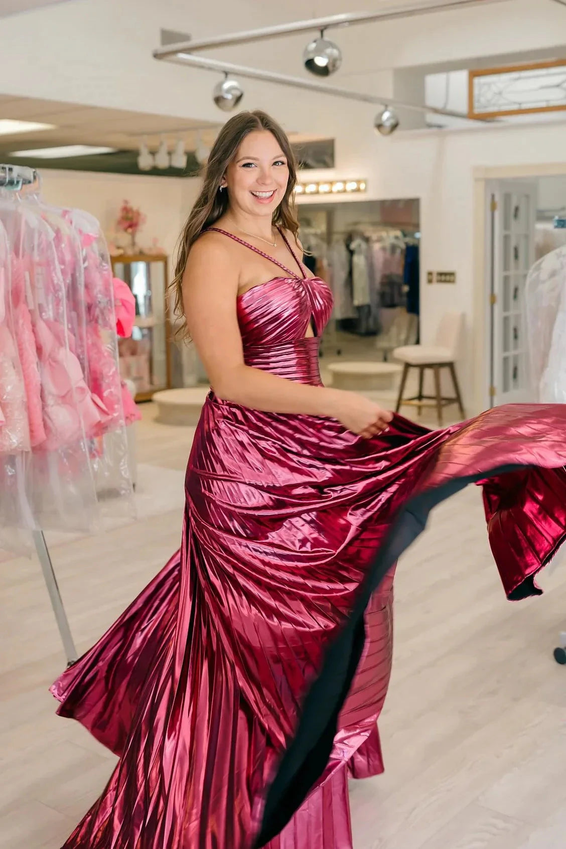 Glamorous Metallic Halter Cutout Ruched Prom Dress with Pleated A-Line Skirt & High Slit by JiMiss Dresses