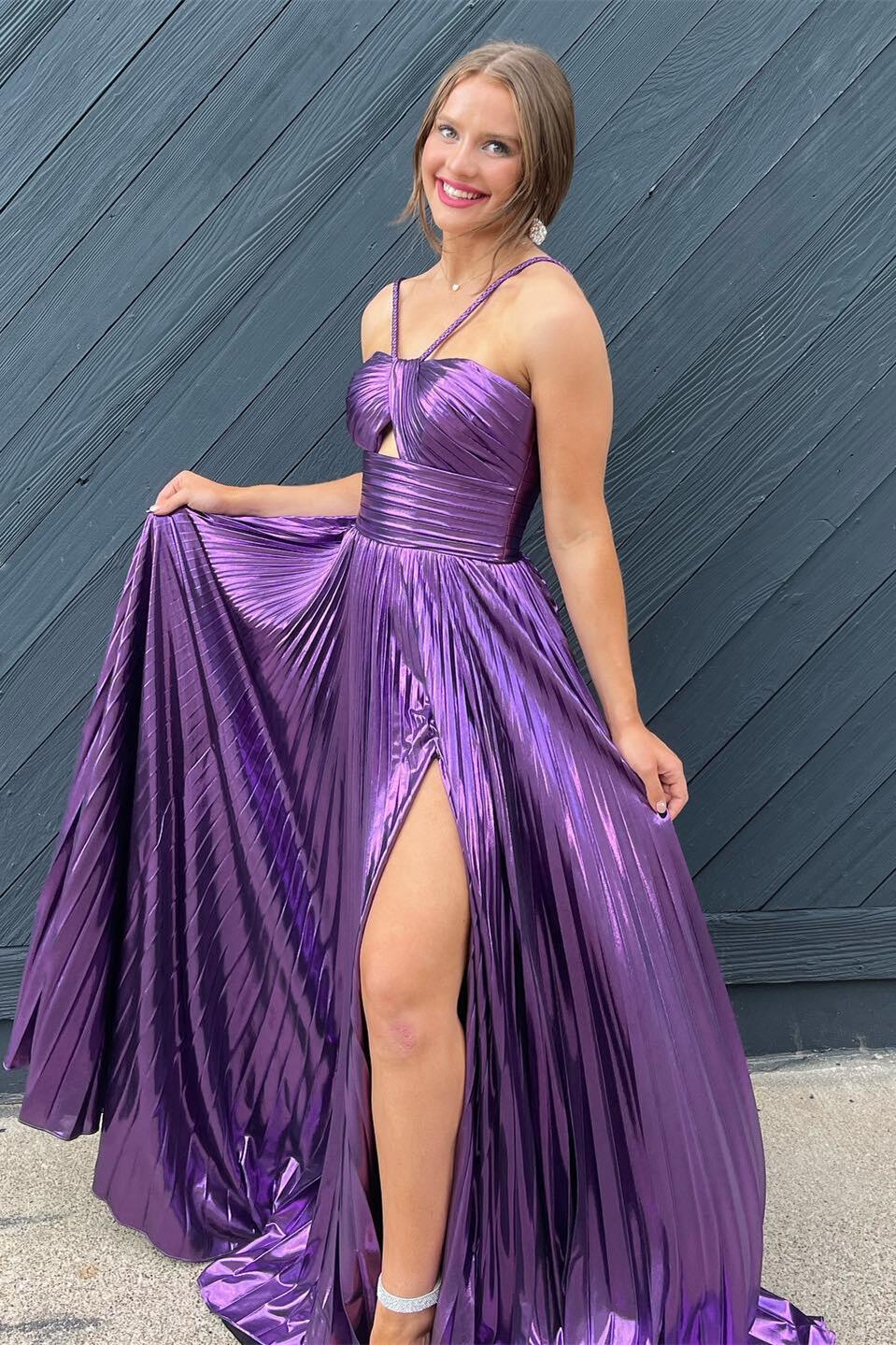 Glamorous Metallic Halter Cutout Ruched Prom Dress with Pleated A-Line Skirt & High Slit by JiMiss Dresses