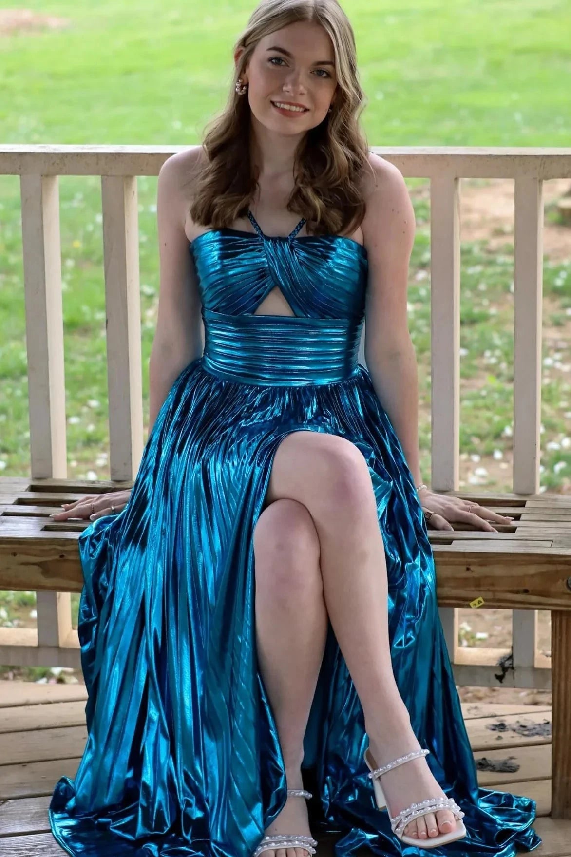 Glamorous Metallic Halter Cutout Ruched Prom Dress with Pleated A-Line Skirt & High Slit by JiMiss Dresses