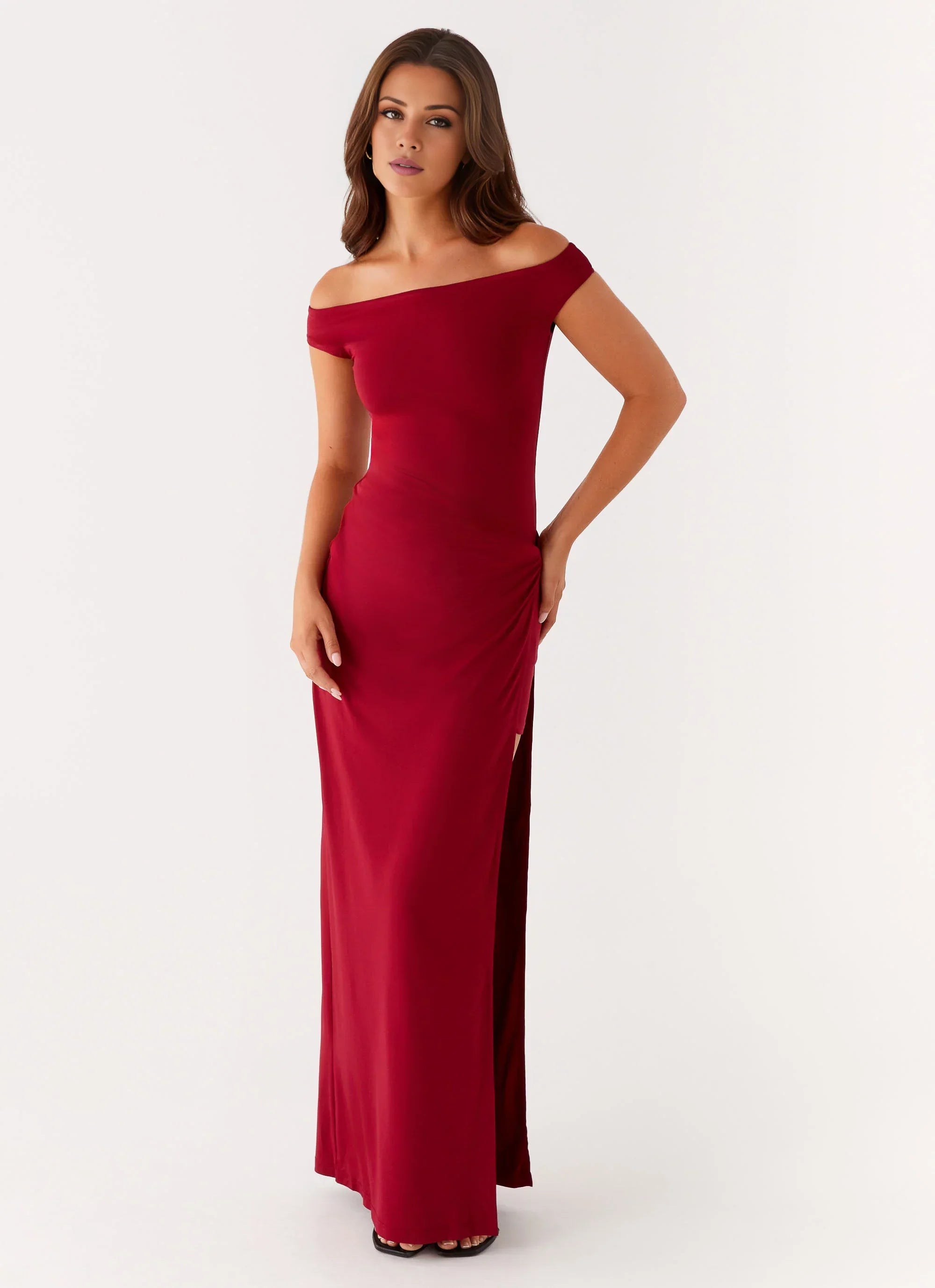 Glamorous Off-Shoulder Neck Sleeveless Backless Ruched Side-Slit Floor-Length Prom Dress