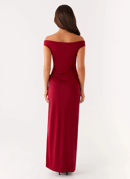 Glamorous Off-Shoulder Neck Sleeveless Backless Ruched Side-Slit Floor-Length Prom Dress by YiHuiw