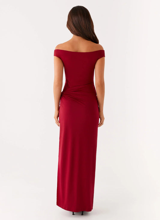 Glamorous Off-Shoulder Neck Sleeveless Backless Ruched Side-Slit Floor-Length Prom Dress