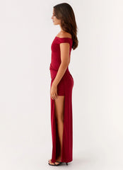 Glamorous Off-Shoulder Neck Sleeveless Backless Ruched Side-Slit Floor-Length Prom Dress