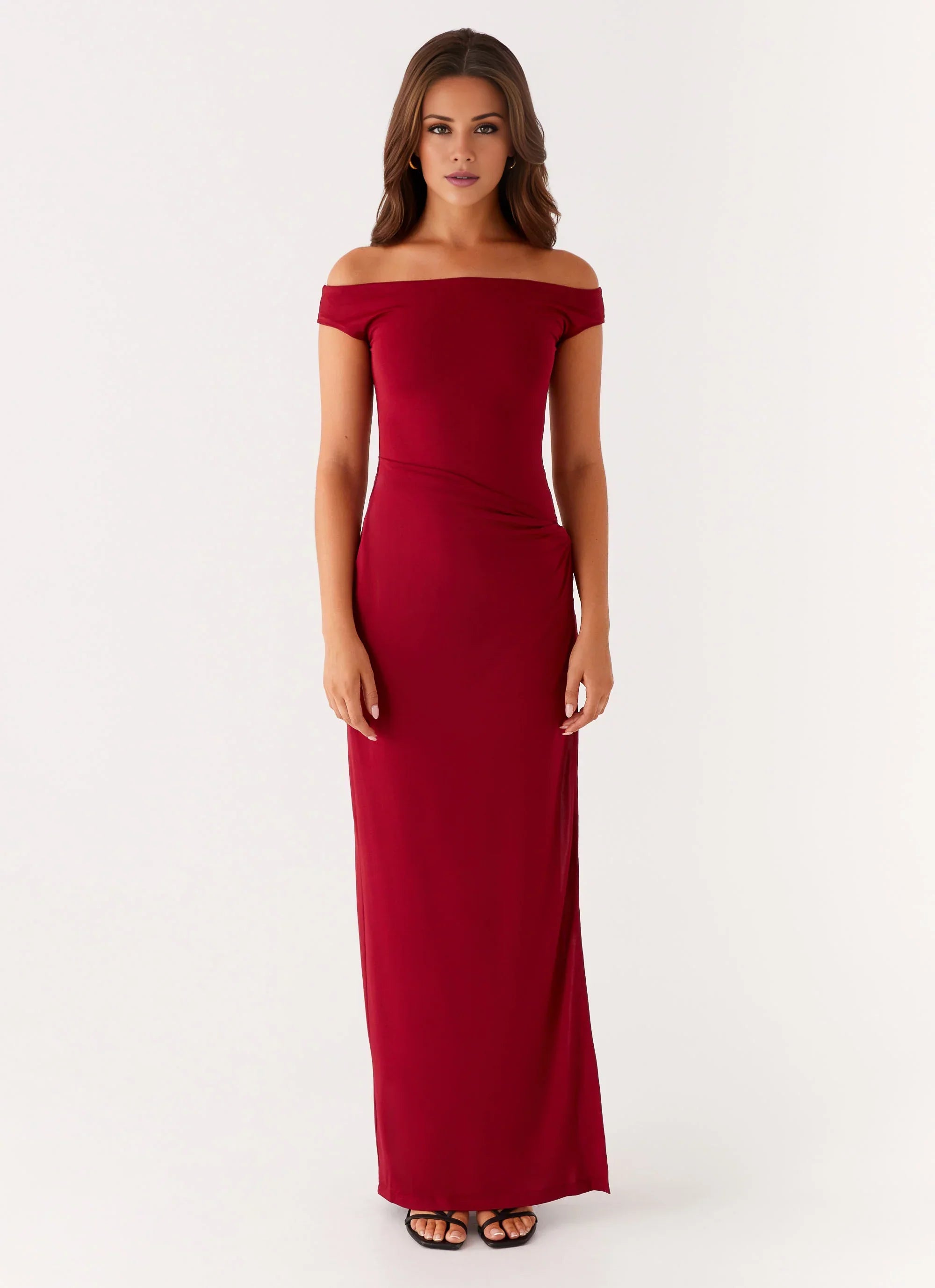 Glamorous Off-Shoulder Neck Sleeveless Backless Ruched Side-Slit Floor-Length Prom Dress