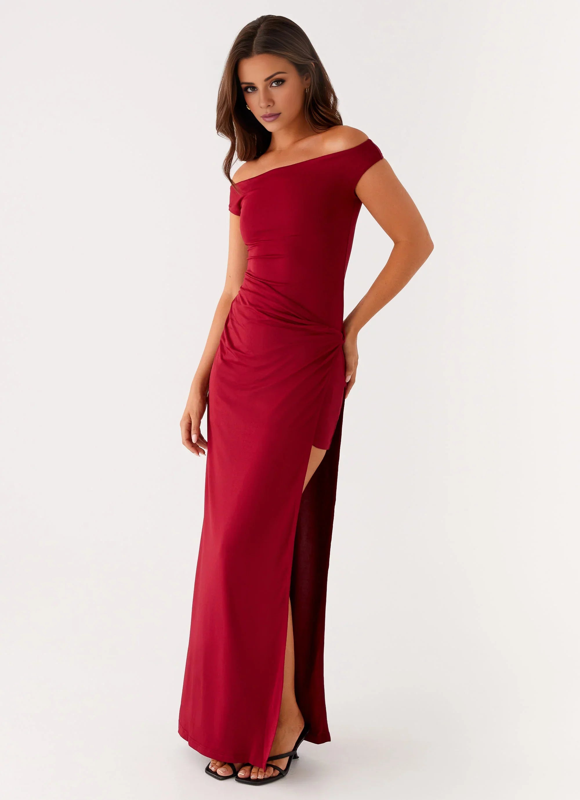 Glamorous Off-Shoulder Neck Sleeveless Backless Ruched Side-Slit Floor-Length Prom Dress