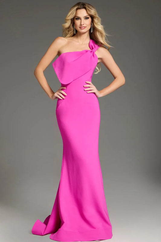 Glamorous One-Shoulder Evening Dress with Bow Detail, Mermaid Silhouette and Sweeping Train