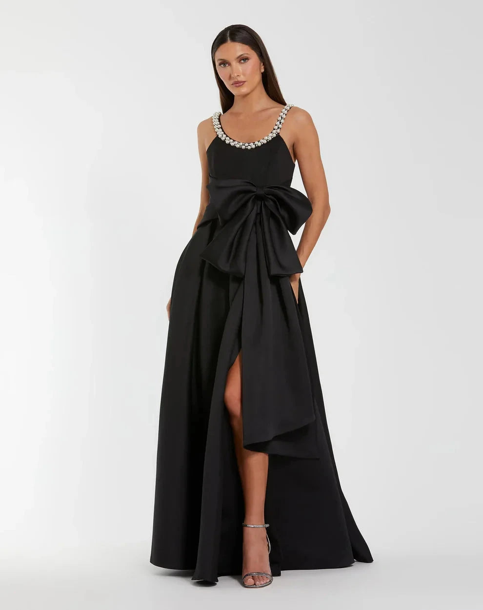 Glamorous Pearl-Trimmed Ball Gown Scoop Neck Thin Straps Zipper Back High Slit Floor-Length Evening Dresses by LANQI DRESS