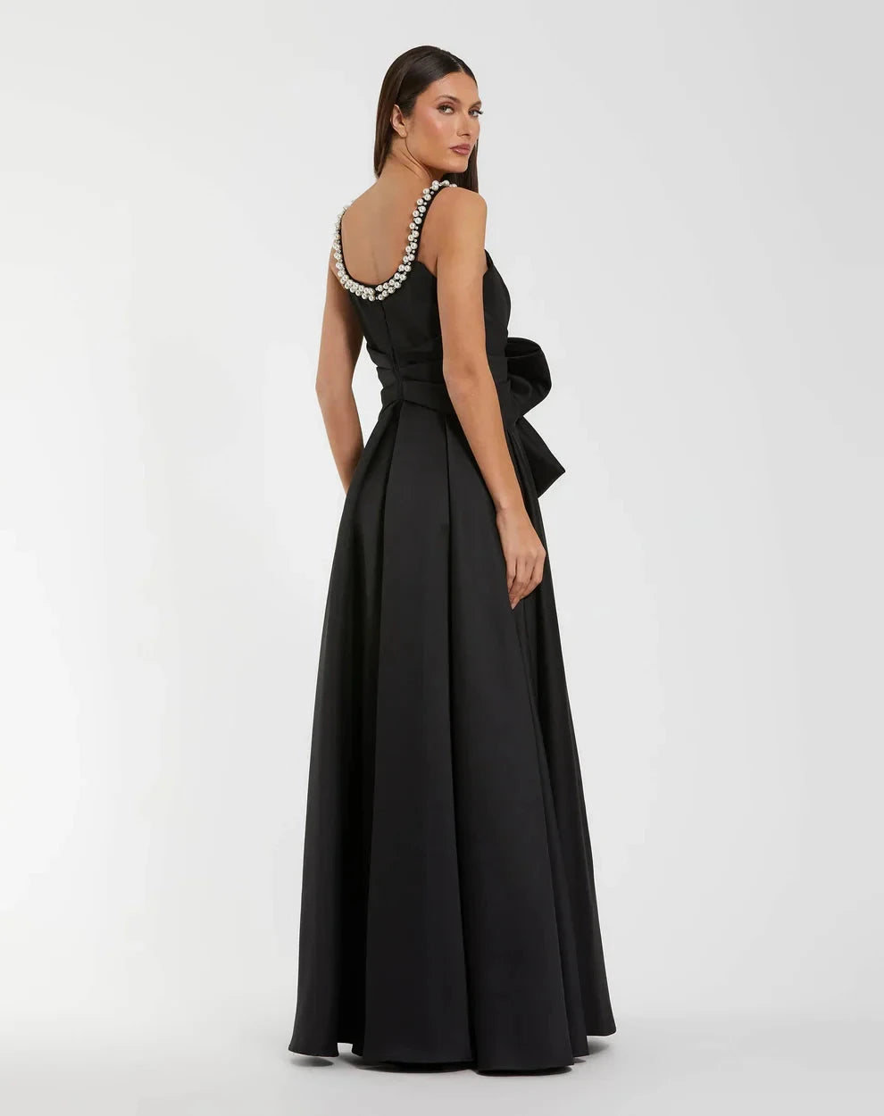 Glamorous Pearl-Trimmed Ball Gown Scoop Neck Thin Straps Zipper Back High Slit Floor-Length Evening Dresses by LANQI DRESS