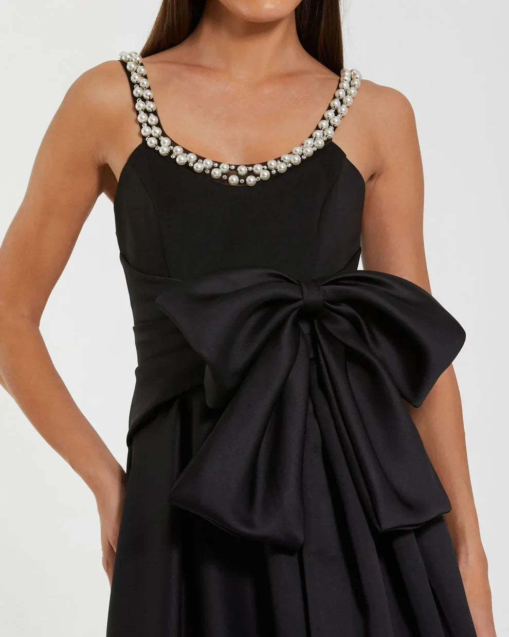 Glamorous Pearl-Trimmed Ball Gown Scoop Neck Thin Straps Zipper Back High Slit Floor-Length Evening Dresses by LANQI DRESS