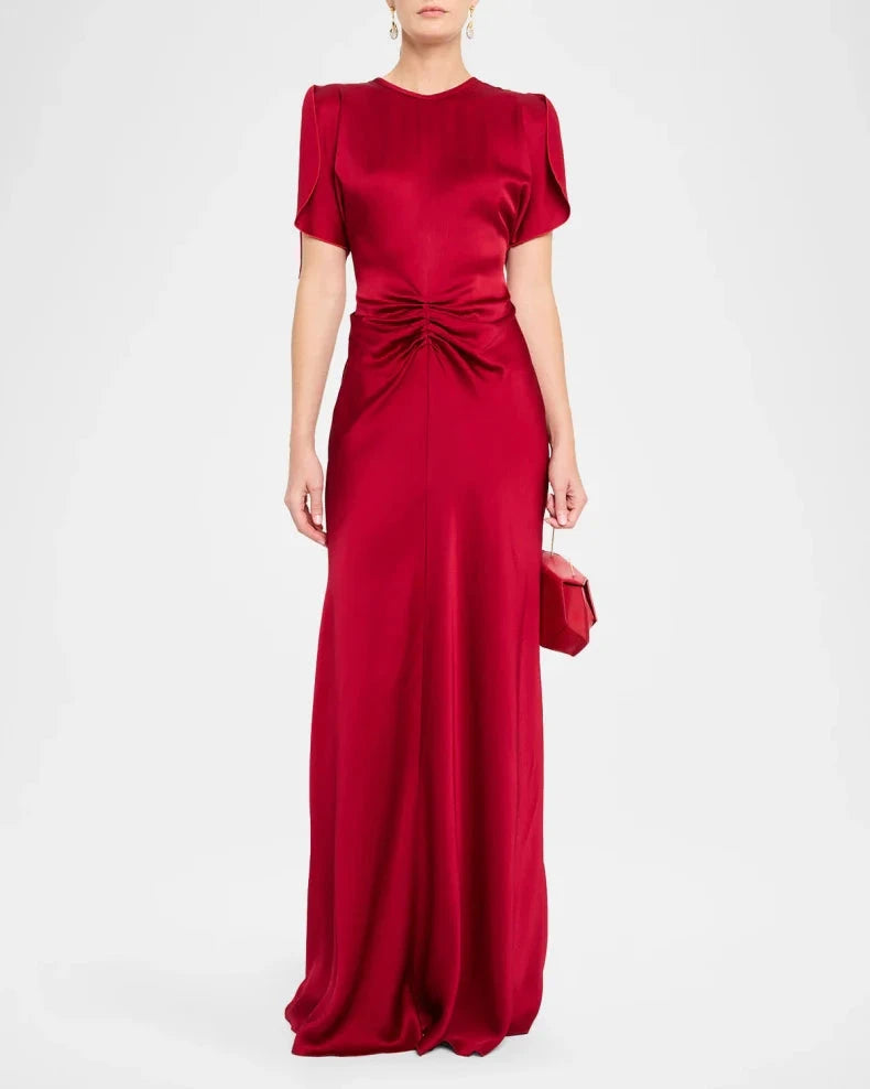 Glamorous Regal Ruby Red Satin Column Silhouette Round Neck Short Flutter Sleeves Ruched Waist Floor-Length Evening Dress by LANQI DRESS