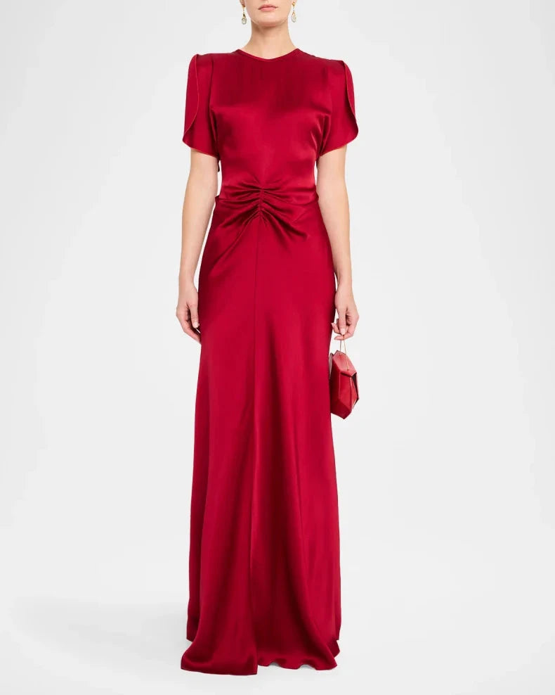 Glamorous Regal Ruby Red Satin Column Silhouette Round Neck Short Flutter Sleeves Ruched Waist Floor-Length Evening Dress by LANQI DRESS