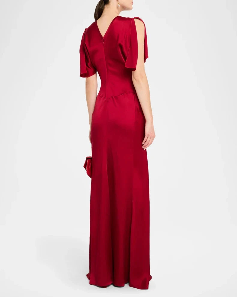 Glamorous Regal Ruby Red Satin Column Silhouette Round Neck Short Flutter Sleeves Ruched Waist Floor-Length Evening Dress by LANQI DRESS