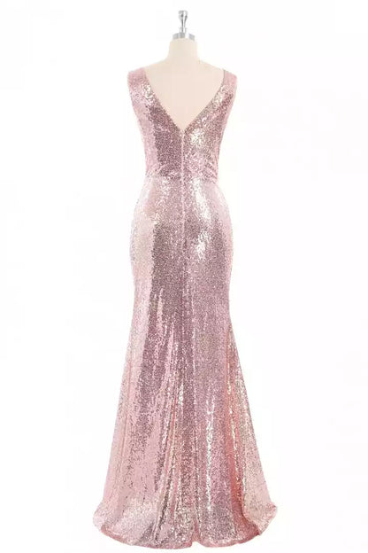 Glamuroso vestido de graduación de sirena con lentejuelas en oro rosa, escote en V y abertura alta