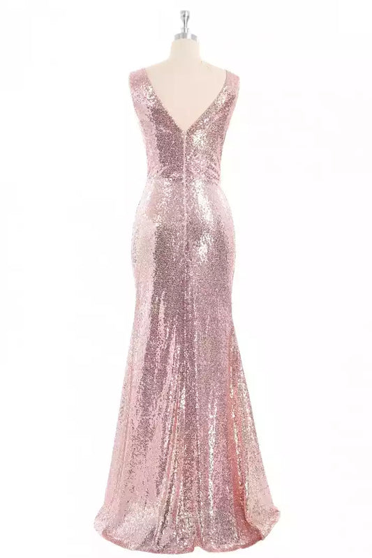 Glamorous Rose Gold Sequin Mermaid Prom Dress with V-Neck & High Slit
