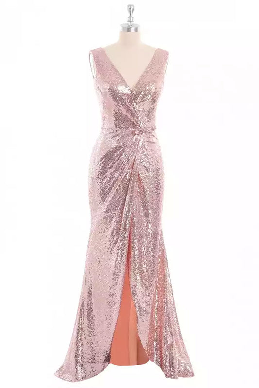 Glamorous Rose Gold Sequin Mermaid Prom Dress with V-Neck & High Slit