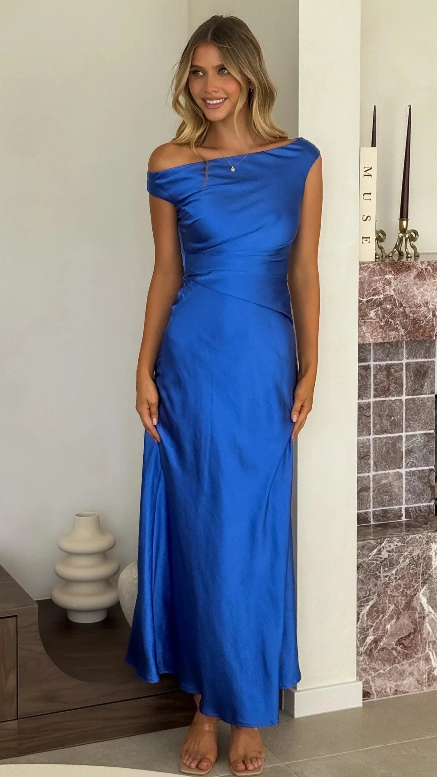 Glamorous Satin A-Line Asymmetrical One-Shoulder Ruched Waist Sleeveless Zipper Back Floor-Length Maxi Formal Evening Dresses by LANQI DRESS