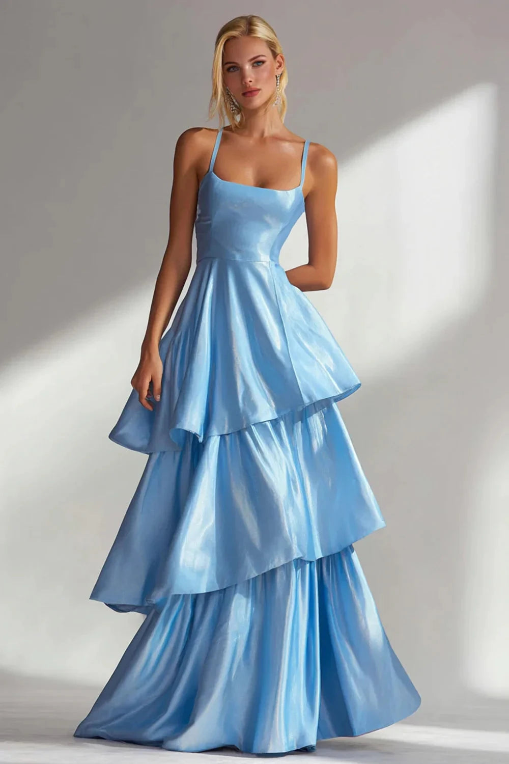 Glamorous Satin A-Line Square Neck Spaghetti Strap Zipper Back Floor-Length Evening Dress by LANQI DRESS