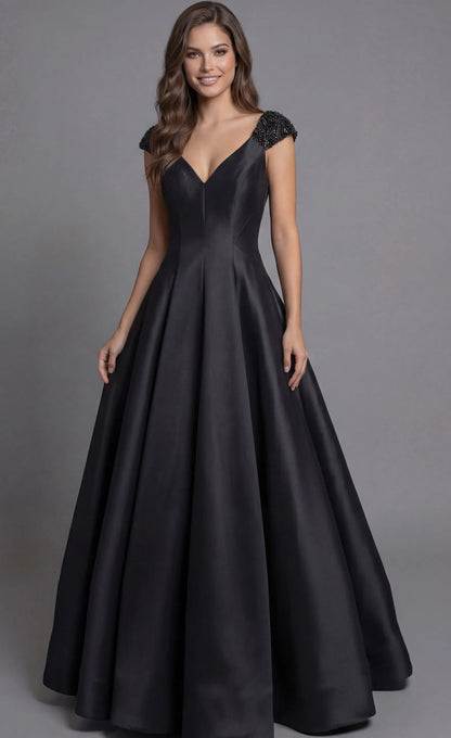 Glamuroso vestido de noche de satén con mangas cortas de pedrería, espalda en V profunda y falda de vestido de gala