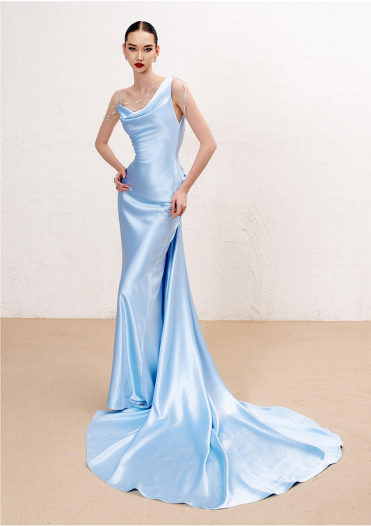 Glamorous Satin Mermaid Cowl Neck Beaded Strap Low Back Train Evening Dress