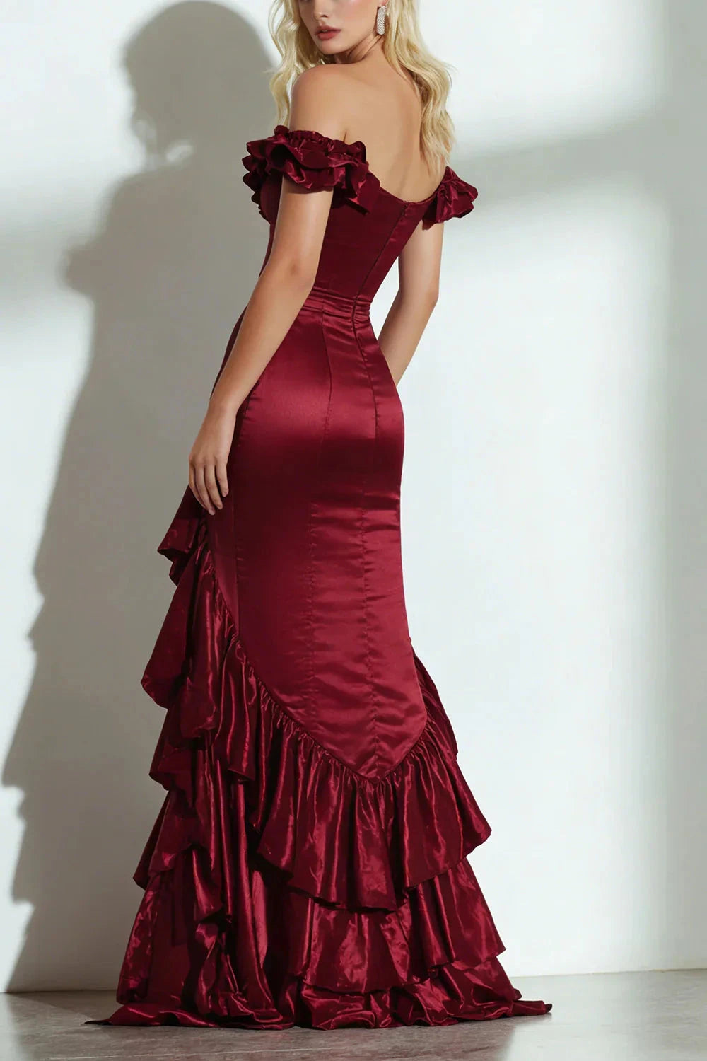 Glamorous Satin Mermaid Off-Shoulder Sleeveless Zipper Back Floor-Length Evening Dress by LANQI DRESS