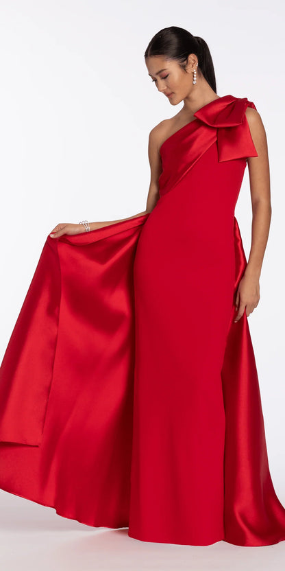 Glamuroso vestido de graduación de satén con silueta de sirena, un solo hombro, sin mangas, largo hasta el suelo, con detalle de lazo y abertura trasera para eventos formales