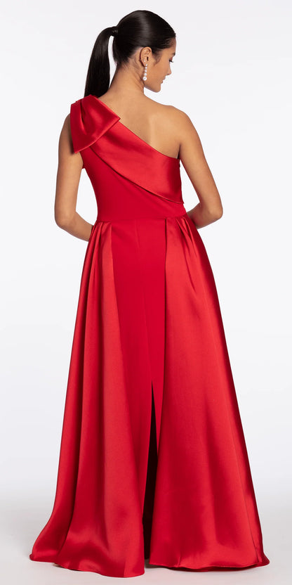 Glamuroso vestido de graduación de satén con silueta de sirena, un solo hombro, sin mangas, largo hasta el suelo, con detalle de lazo y abertura trasera para eventos formales