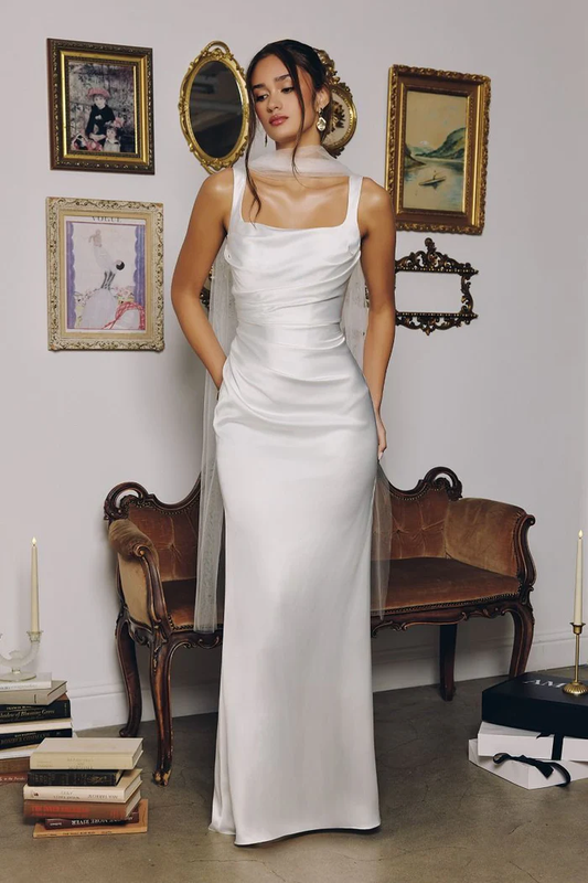 Glamorous Satin Mermaid Square Neck Ruched Waist Lace-Up Back Floor-Length Prom Dress for Formal Events