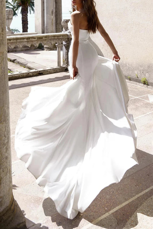Glamorous Satin Mermaid Strapless Cowl-Neck Crystal-Trim High-Slit Train Wedding Dress by YiHuiw