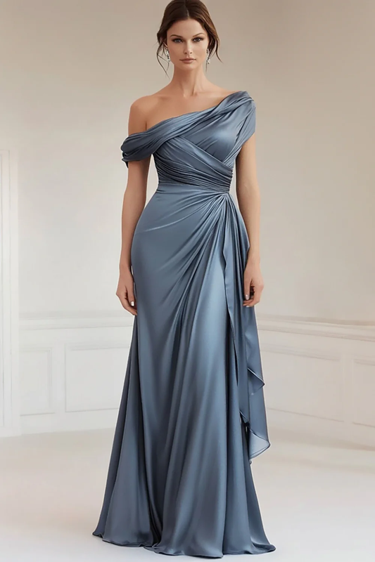 Glamorous Satin One-Shoulder Draped Bodice High-Slit Floor-Length Mother of the Bride Dress