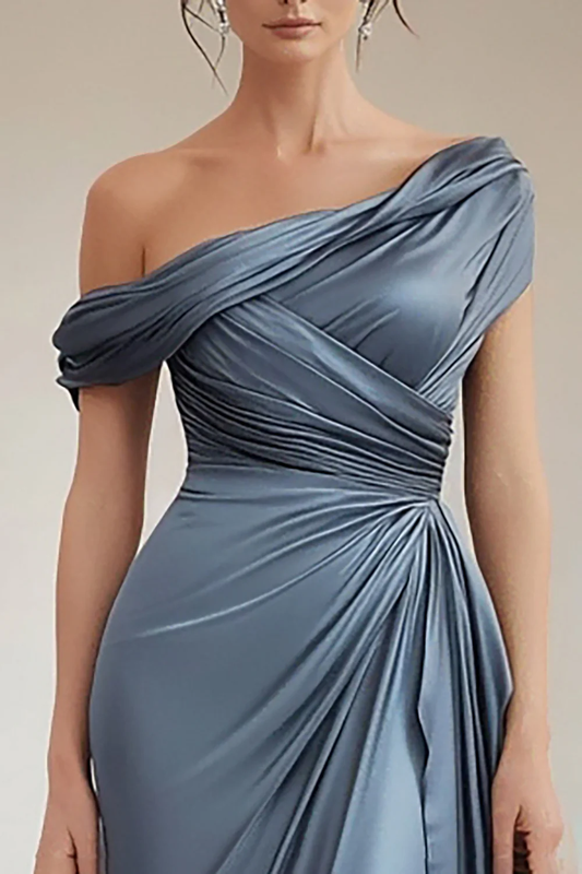 Glamorous Satin One-Shoulder Draped Bodice High-Slit Floor-Length Mother of the Bride Dress