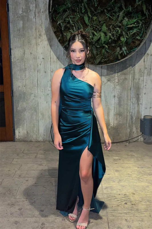 Glamorous Satin Prom Dresses with One-Shoulder Neckline, Lace-Up Back, High Slit and Ruched Bodice Formal Gown by JiMiss Dresses
