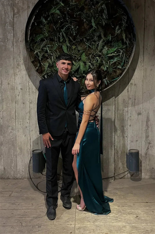 Glamorous Satin Prom Dresses with One-Shoulder Neckline, Lace-Up Back, High Slit and Ruched Bodice Formal Gown by JiMiss Dresses