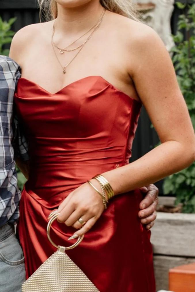 Glamorous Satin Prom Dresses with Strapless Sweetheart Neckline, Ruched Bodice, Lace-Up Back Bow Detail, Daring High Slit and Voluminous Train Formal Gown by JiMiss Dresses