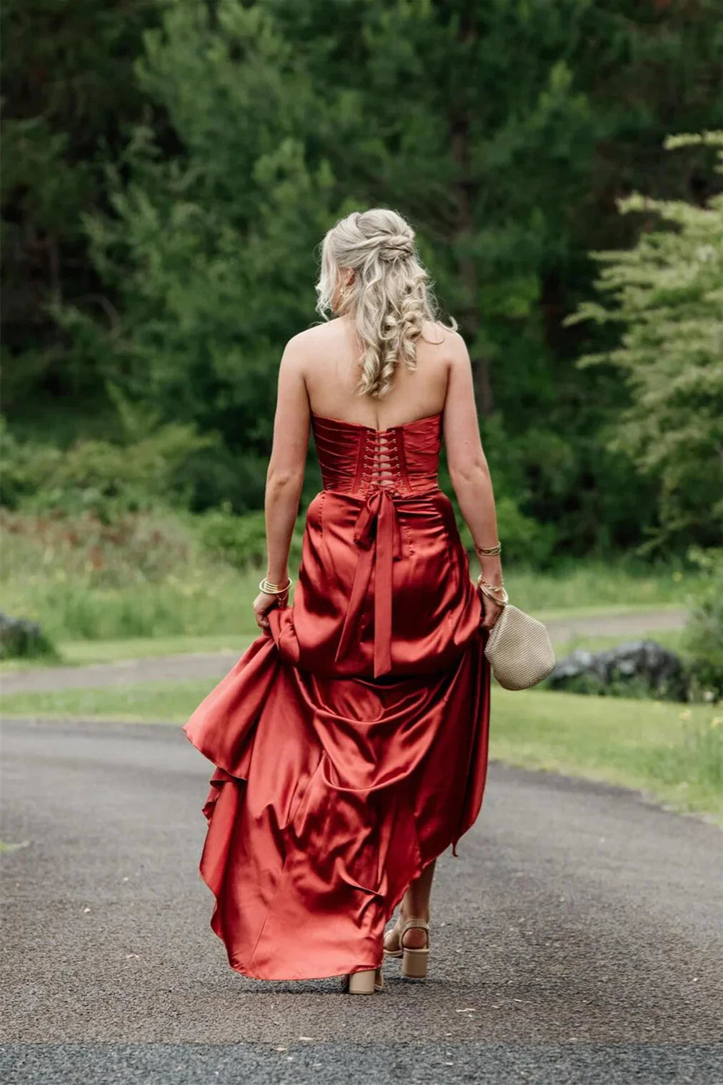 Glamorous Satin Prom Dresses with Strapless Sweetheart Neckline, Ruched Bodice, Lace-Up Back Bow Detail, Daring High Slit and Voluminous Train Formal Gown by JiMiss Dresses