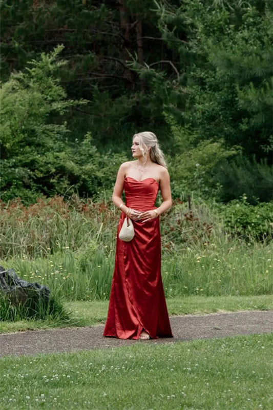 Glamorous Satin Prom Dresses with Strapless Sweetheart Neckline, Ruched Bodice, Lace-Up Back Bow Detail, Daring High Slit and Voluminous Train Formal Gown by JiMiss Dresses