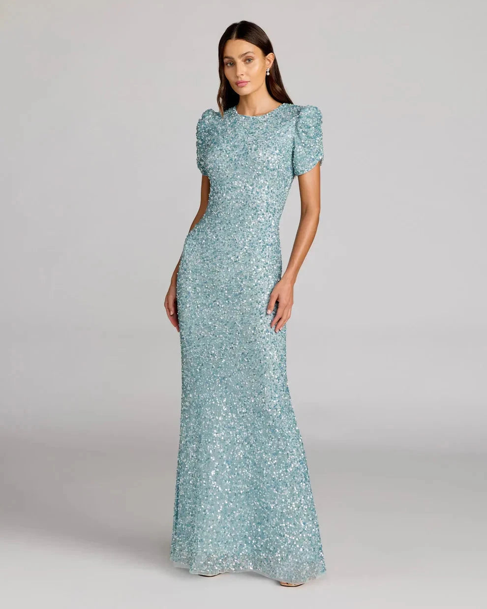 Glamorous Sequin Mermaid Gown Round Neck Puffed Short Sleeves Zipper Back Floor-Length Evening Dresses by LANQI DRESS