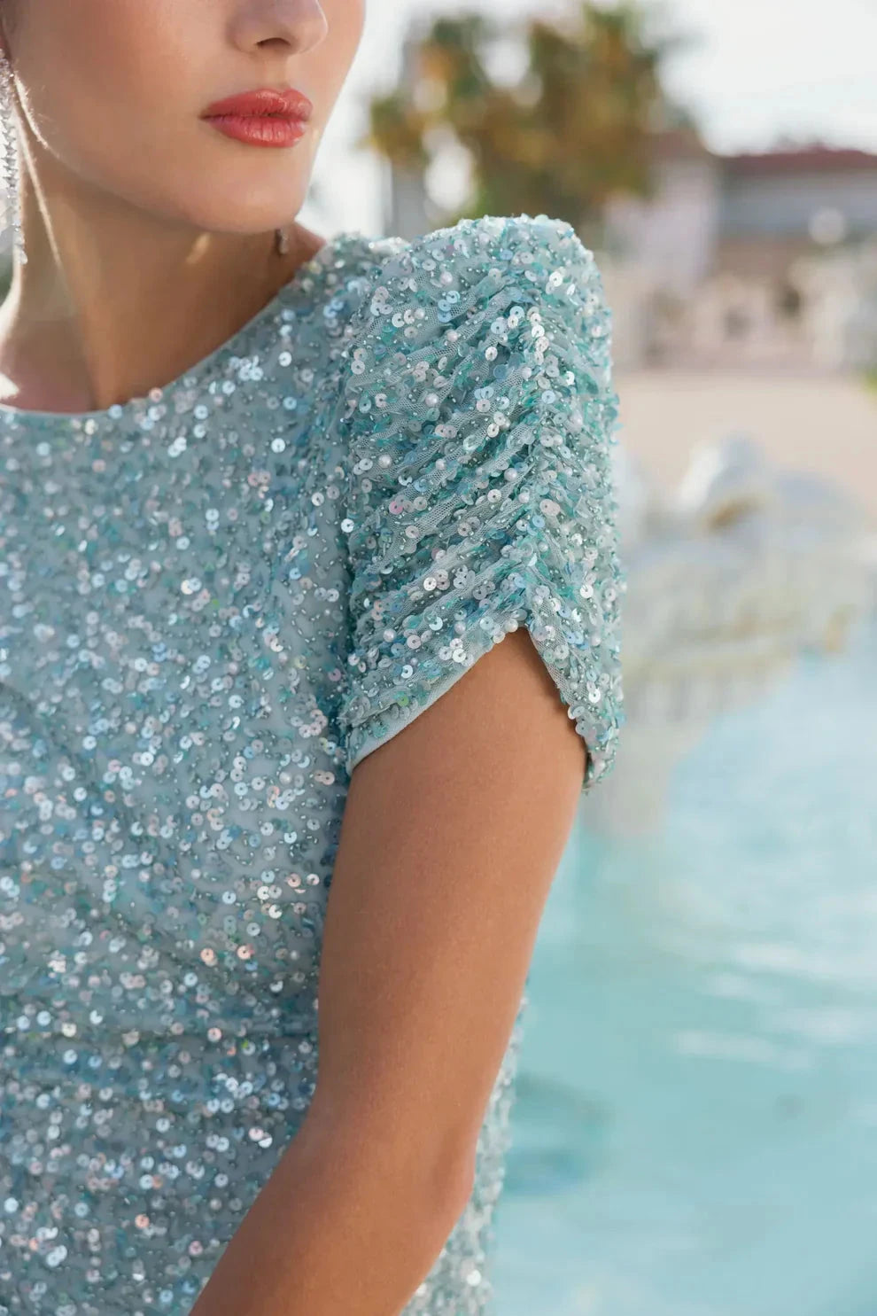 Glamorous Sequin Mermaid Gown Round Neck Puffed Short Sleeves Zipper Back Floor-Length Evening Dresses by LANQI DRESS