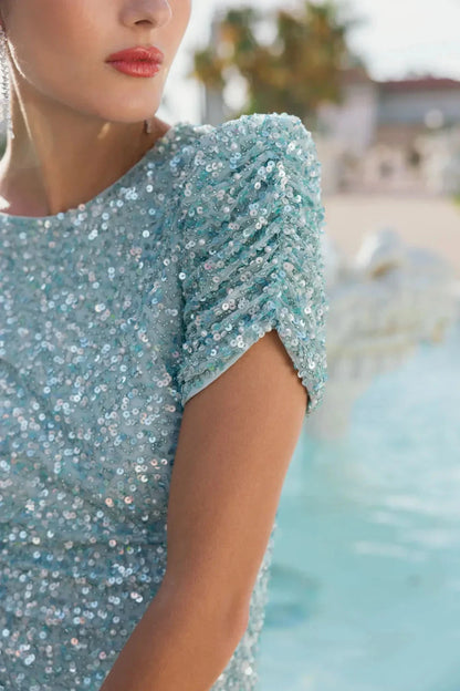 Glamorous Sequin Mermaid Gown Round Neck Puffed Short Sleeves Zipper Back Floor-Length Evening Dresses by LANQI DRESS