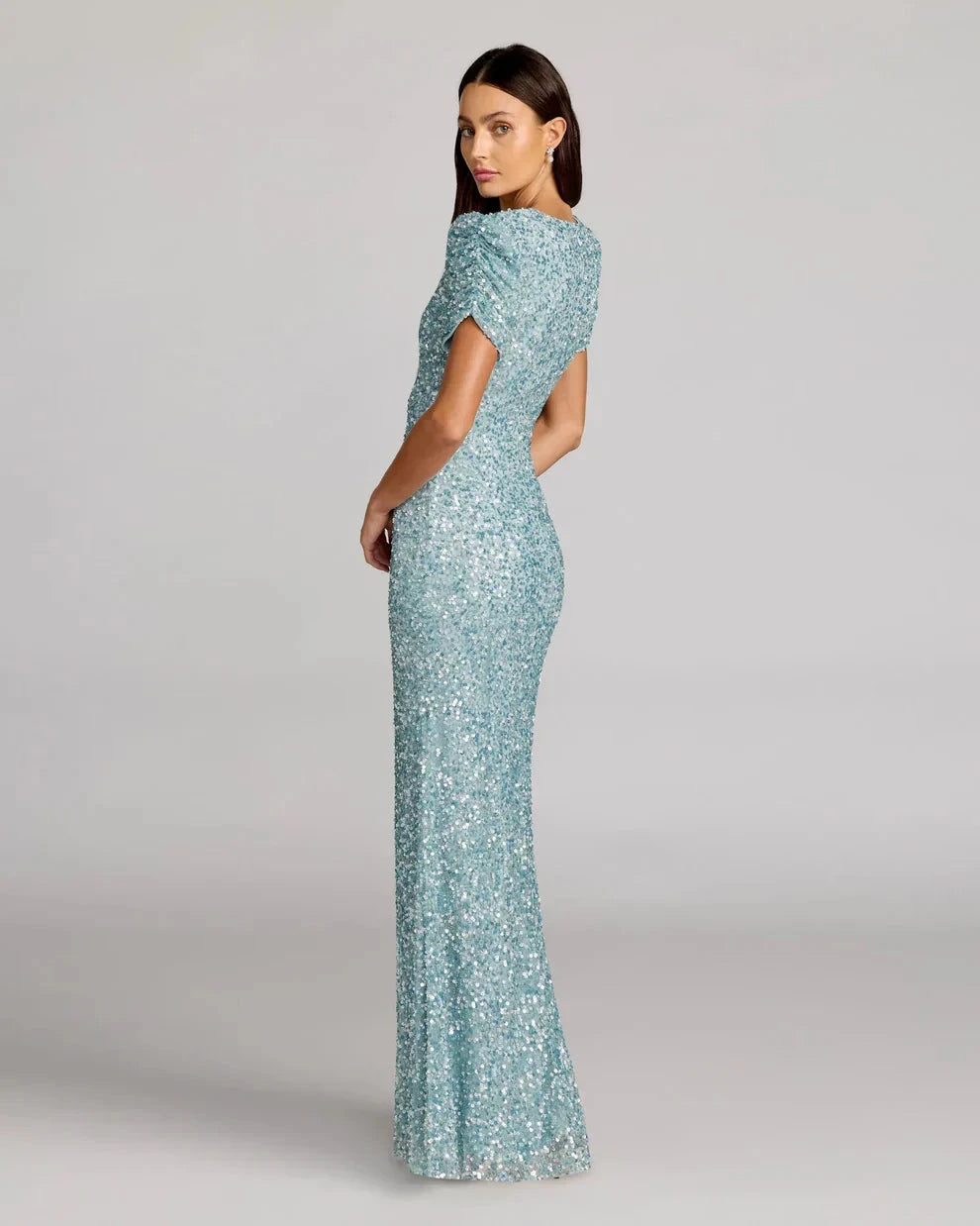 Glamorous Sequin Mermaid Gown Round Neck Puffed Short Sleeves Zipper Back Floor-Length Evening Dresses by LANQI DRESS