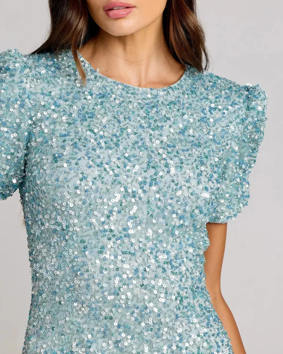 Glamorous Sequin Mermaid Gown Round Neck Puffed Short Sleeves Zipper Back Floor-Length Evening Dresses by LANQI DRESS