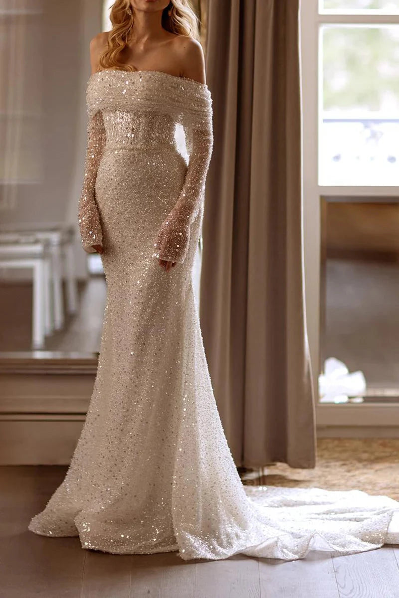 Glamorous Sequin Mermaid Off-the-Shoulder Long-Sleeve Cathedral-Train Wedding Dress by YiHuiw