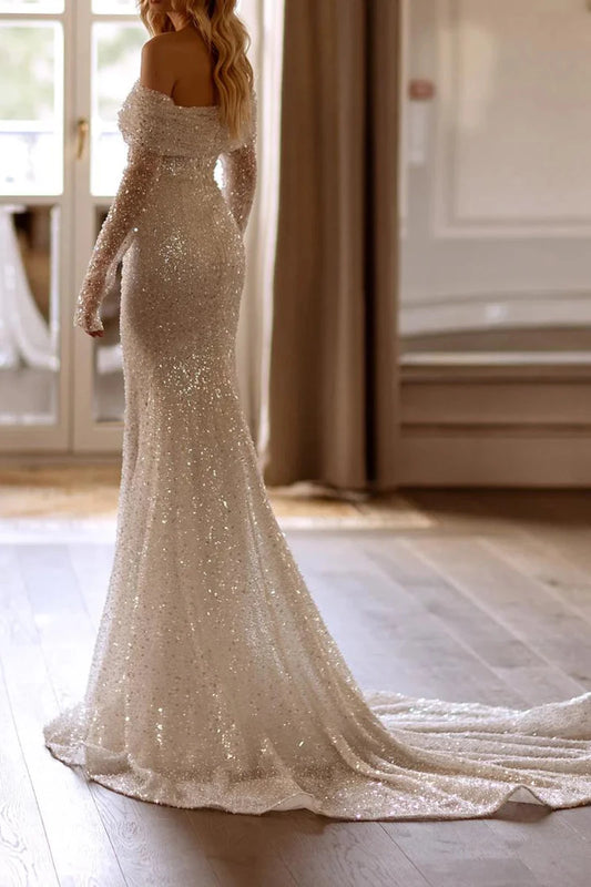Glamorous Sequin Mermaid Off-the-Shoulder Long-Sleeve Cathedral-Train Wedding Dress by YiHuiw