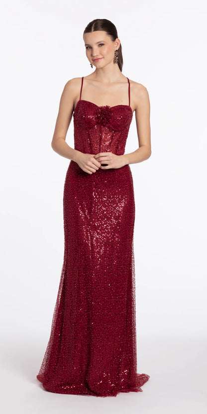 Glamuroso vestido de graduación largo hasta el suelo con lentejuelas, silueta de sirena, escote corazón, tirantes finos, espalda con cordones y aplique floral para eventos formales