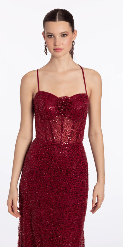 Glamuroso vestido de graduación largo hasta el suelo con lentejuelas, silueta de sirena, escote corazón, tirantes finos, espalda con cordones y aplique floral para eventos formales