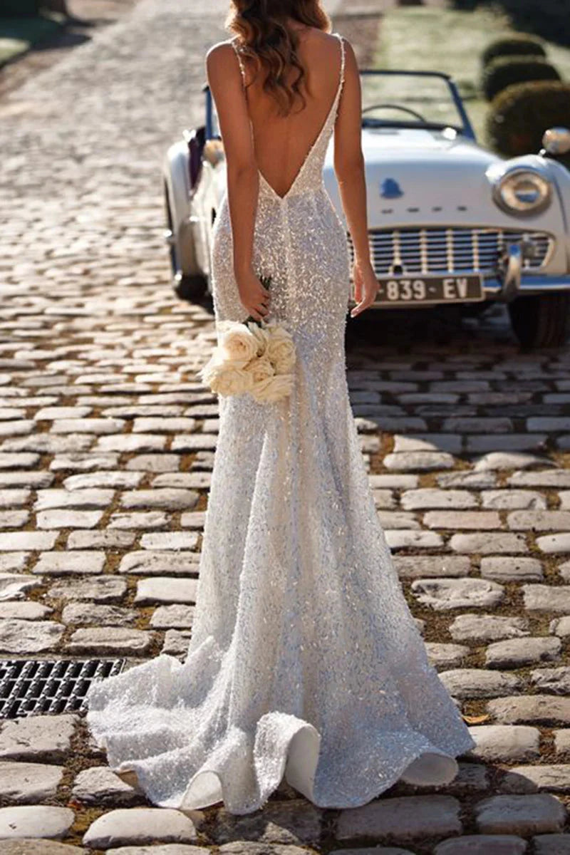 Glamorous Sequin Mermaid Spaghetti-Strap Deep-V Low-Back High-Slit Train Wedding Dress by YiHuiw